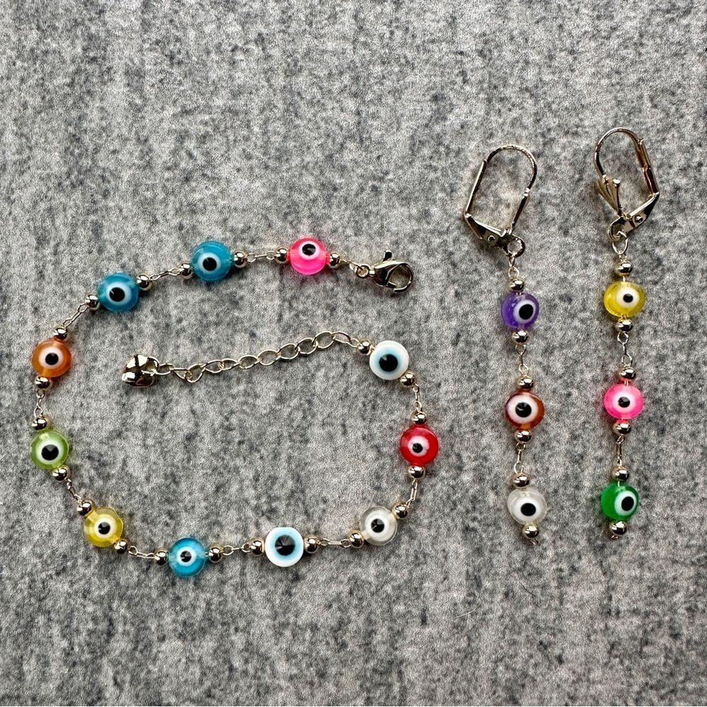 SET Dangle Earrings + Bracelet / Anklet in Colorful Evil Eye, Protection Jewelry